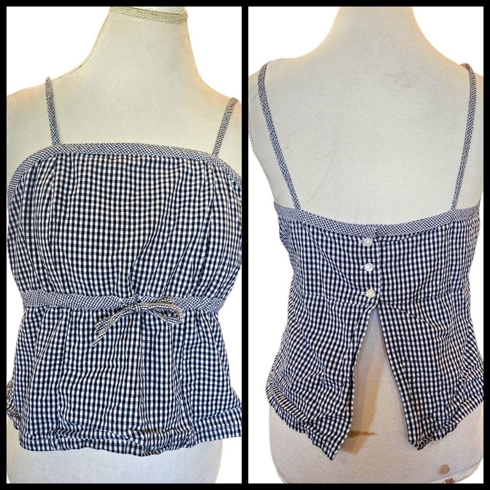 Y2K Babydoll Crop Top Cami Navy Blue‎ Gingham Plaid Open Back Preppy Cotton Sz L